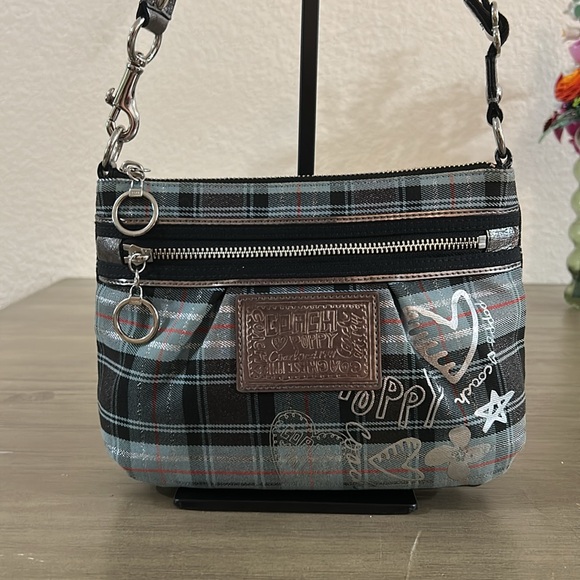 COACH POPPY Blue Plaid Silver Metallic Graffiti Purse Vintage - Picture 2 of 12